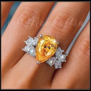 NEW 14K WHITE GOLD CITRINE PEAR SIMULATED DIAMOND CLUSTER CANARY YELLOW RING